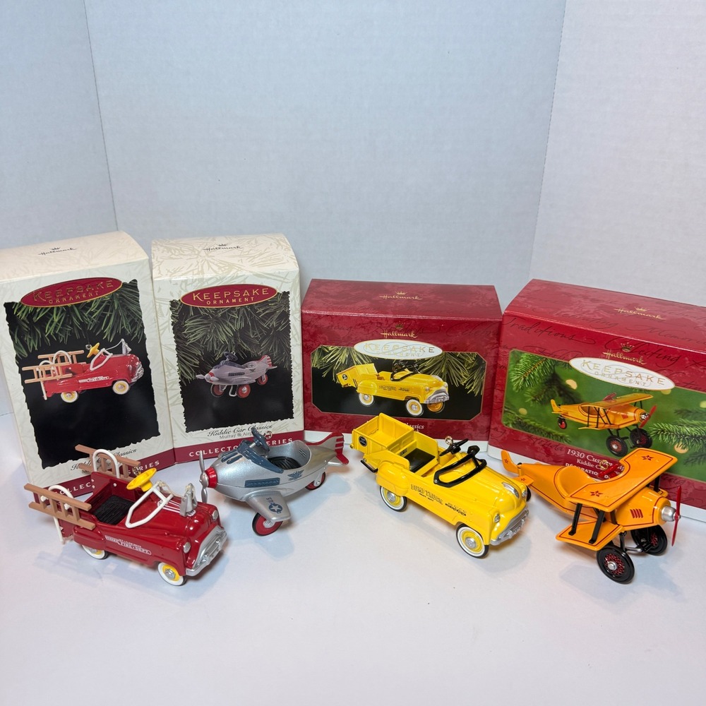 Hallmark Kiddie Car Classics Ornaments Lot 4 Murray Fire Truck Airplane Biplane
